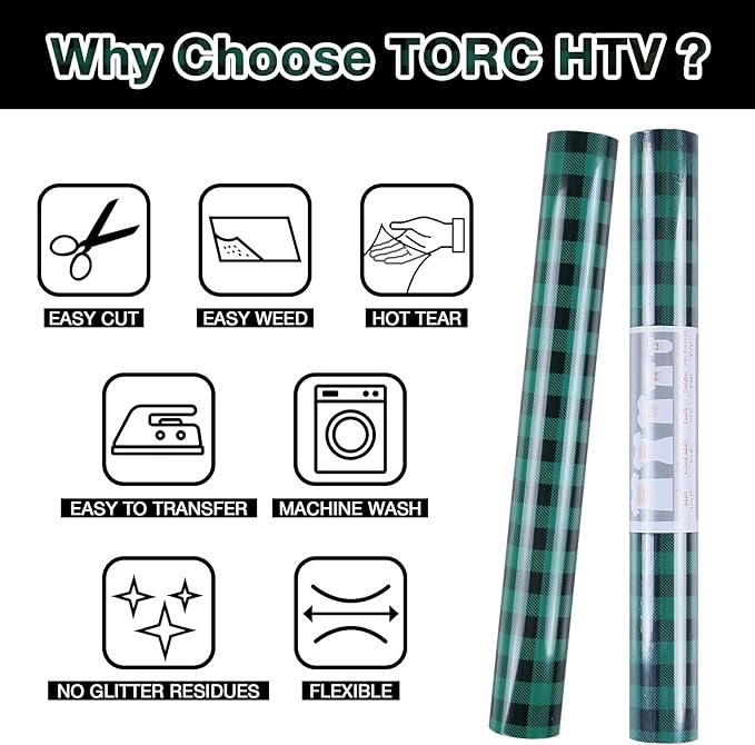 TORC Green Black Buffalo Plaid HTV Vinyl 12 inch x 10 ft, Check Heat Transfer Vinyl Iron on Transfers