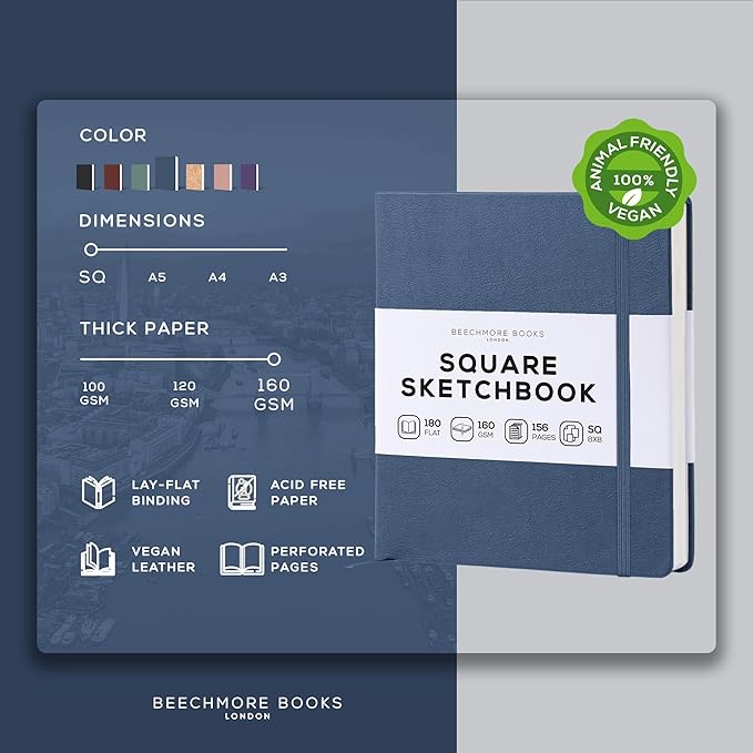 Beechmore Books Square Sketchbook – 8x8 Premium Vegan Leather Bound Large Sketch Book Hardcover with 156 Thick 160gsm Perforated Ivory Pages, Blank Sketch Pad, Gift Boxed Back Pocket, Ribbon Bookmark