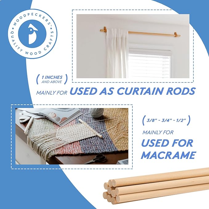 Wooden Dowel Rod, 1 Inch x 24 Inch Wood Dowels, Pack of 5 Wooden Dowels for Crafts, Unfinished Hardwood Dowels Rods, Strong Wood Rod Dowels for Crafting and DIYers