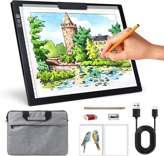 Rechargeable A4 Light Box with Padded Case,led Light pad with Built-in Stand & Clip,6 Levels of Brightness lightbox for tracing,Diamond Painting.Light Table for Artists,Drawing,Sketching,Animation