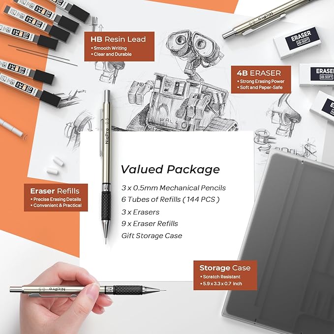 Nicpro 0.7 mm Art Mechanical Pencil Set in Storage Case, 3 PCS Metal Drafting Pencil Lead Pencil with 6 Tube HB Lead Refills, 3 Erasers, 9 PCS Eraser Refills for Artist Writing, Drawing, Sketching
