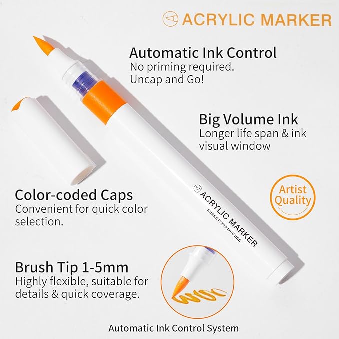 ROSYMENG Acrylic Paint Markers, 154 Colors + 8 Metal Colors - Large Ink Capacity, High Coverage with Brush Tip Acrylic Paint Pens, Suitable for Wood, Glass, Rock, and Fabric - Student School Supplies