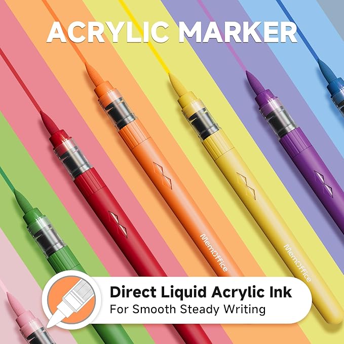 MemOffice Direct Liquid Acrylic Paint Markers, 12 Colors Brush Tip Pens with Carrying Case, No Bleed, Waterproof, for Rock, Wood, Canvas, Glass, Fabric, DIY Crafts for Adults & Kids
