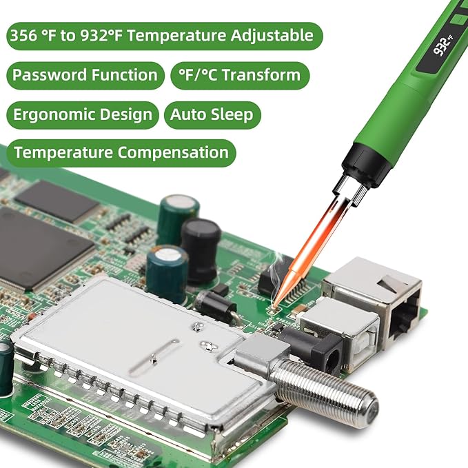 Soldering Iron Kit, 190W Soldering Gun, 110V LED Solder Kit for Electronics, Adjustable Temperature 356-932℉, Includes Solder Wire, Sucker, Tips, Stand, Tweezers, Paste and Solid Wood Box, Army Green