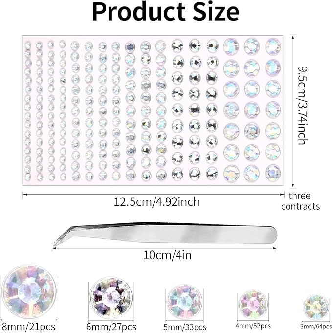 Self Adhesive Face Gems and Pearls for Makeup, Festival Jewels, Hair Gems Pearls, 3/4/5/6/8 mm Round Rhinestone Stickers for Face, Eye, Makeup, Body, Crafts 591Pcs (21_Laser Clear)
