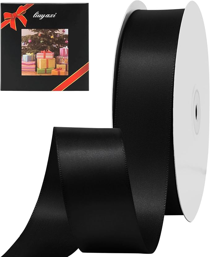 LIUYAXI Black Double Faced Satin Ribbon, 1-1/2" X Continuous 50 Yards, Ribbons Perfect for Gift Wrapping Wedding DIY Craft Bow Making & Other Projects