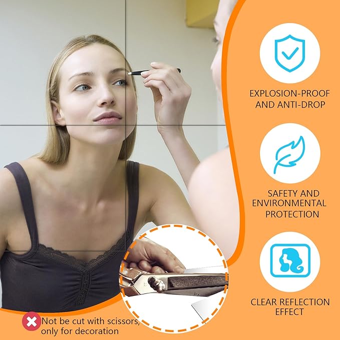 4PCS Self Adhesive Acrylic Mirror Tiles, Flexible Mirror Sheets Wall Stickers, Frameless Non-Glass Mirror Stickers Reflective Mirror for DIY Craft, Home Wall Decor (8 * 8 Inches, 2MM Thick)