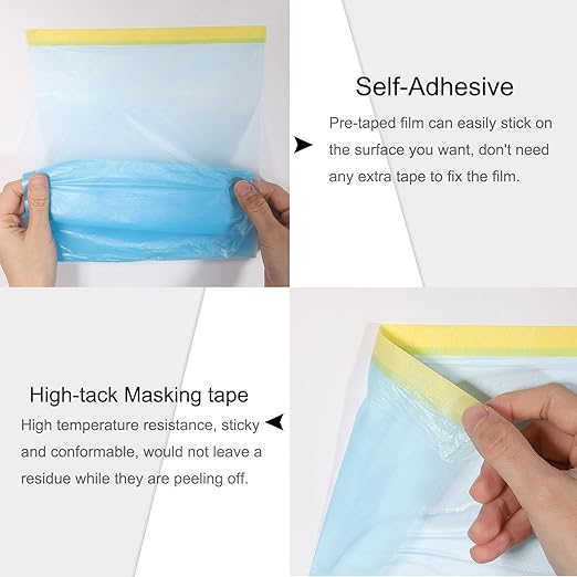 uxcell Pre-Taped Masking Film, 1.8ft x 66ft Plastic Paint Drop Cloth with Medium-Tack Painters Tape for Painting Spraying Protection Blue Film 3Pcs