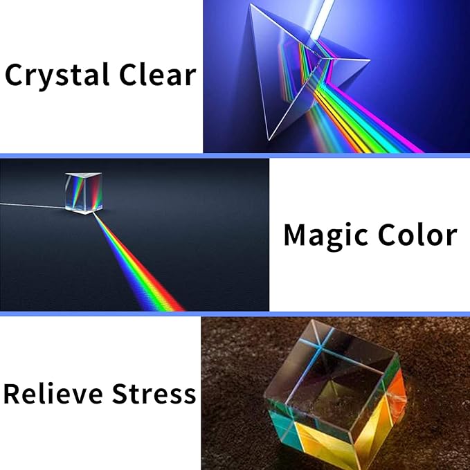 Prism Set, 4 Pack K9 Optical Crystal Photography Prism Set, Include 55mm Crystal Ball, 50mm Crystal Cube, 50mm Triangular Prism, 60mm Optical Pyramid, Gift Box for Teaching, Science, Photography, Play