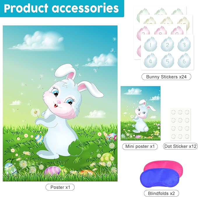 ASTARON Pin The Tail on The Bunny Game for Birthday Party, Easter Party Game with 24 pcs Tail Stickers for Happy Easter Party Decoration Supplies