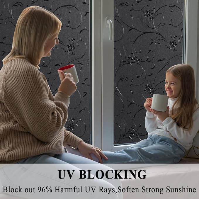 Mikomer Total Blackout Window Film,100% Light Blocking Privacy Glass Door Film Etched Flowers,Room Darkening Window Cling,No Glue/Heat Control/Anti UV for Day Sleep & High Privacy,35In. by 157In.