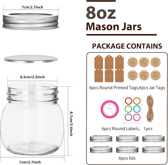Mason Jars 8 oz 6 Pack with Silver Lids & Bands, 8 oz Glass Jars with Lids with Stickers, Tags and Jute Twine for Spice Storage, Crafts, Wedding Decor