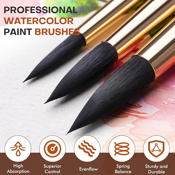 Watercolor Brushes Professional, Fuumuui 10Pcs Synthetic Squirrel Hair Water Color Paint Brush Set for Artists - Flat, Round Pointed, Dagger, Cats Tongue Oval Wash for Watercolor Gouache Inks Painting