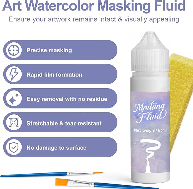1DFAUL 60ml Masking Fluid for Watercolor Painting, Art Watercolor Masking Fluid Precise White Space, Easy Peel-Off, Water Based Latex, for Artists, Beginners, DIY Canvas Protection (White)
