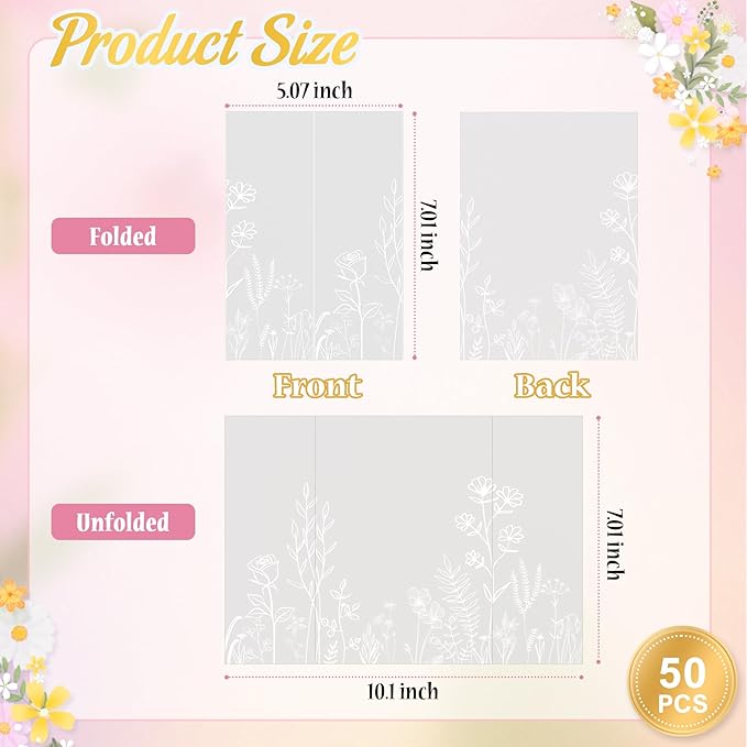 HAUTOCO 50 Pack Vellum Jackets for 5x7 Invitations, Pre-Folded Translucent 135GSM Vellum Paper Wraps, White Flower Envelope Liners Wedding Invitations Accessories