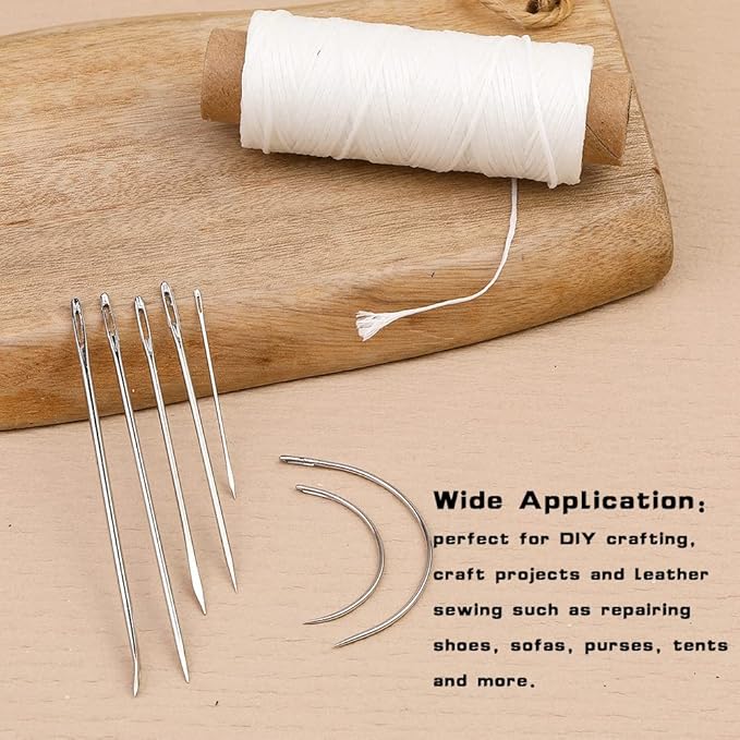 Ftyiwu Waxed Thread 55 Yards, Leather Sewing Waxed Thread with Hand Sewing Needles for Home Upholstery Carpet Leather Canvas Repair and Sewing (Original White)