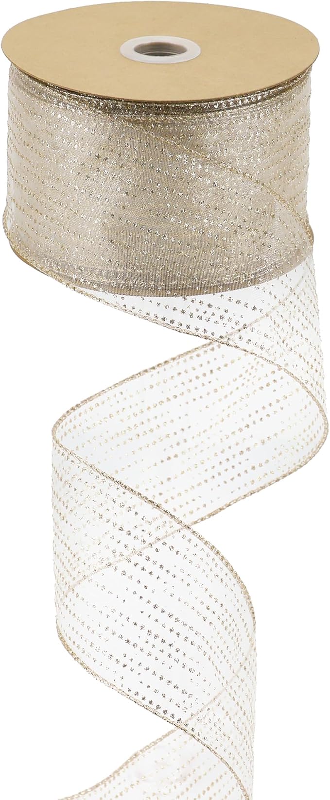 MEEDEE Champagne Gold Wired Ribbon - 2.5 Inch Horizontal Stripes Polka Dot Christmas Ribbon Organza Sheer Glitter - 25 Yards for Christmas Tree, Wreath Bow