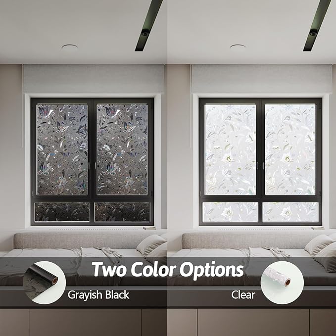 NINETREX Window Privacy Film,Decorative Window Film Frosted,Stained Glass Window Cling,Heat Blocker Non-Adhesive for Home,Grayish Black 29.5 x 78.7inch