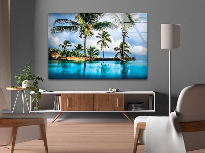 My Photostation.com 48Wx32H'' Island & Blue Sea Glass Wall ArtTempered Glass Printing Wall Decor Large Wall Art Wall Hangings