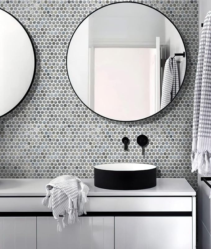 Mixed Gray Penny Round Mosaic Glass Tile – 12.2 x 12.2 Inch - 10 Sheet Pack - Luxurious Design for Bathroom Walls, Kitchen Backsplash, Shower Walls - Elegant Wall Decor - NOT Peel and Stick Tile