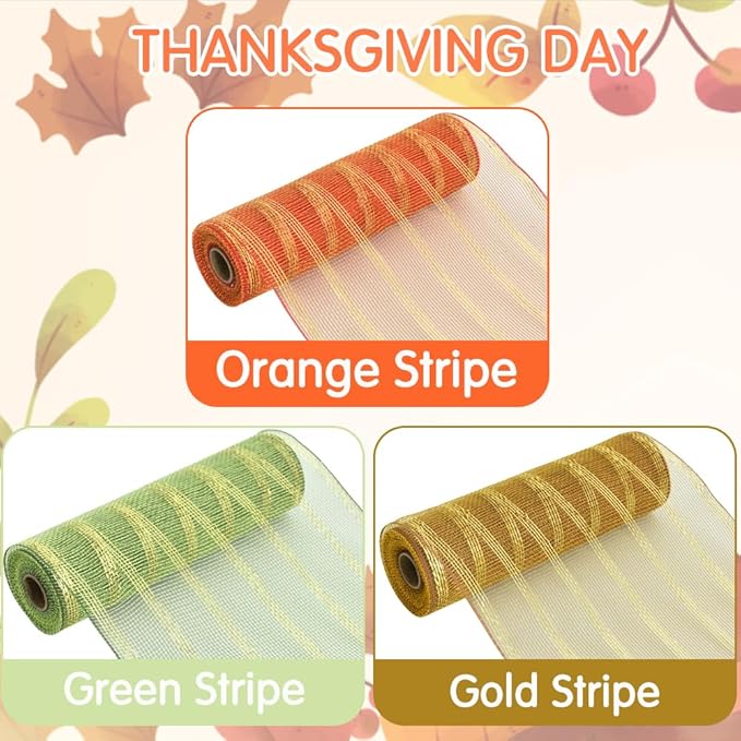 TONIFUL 10 Inch 3 Rolls Orange/Green/Gold Thanksgiving Decorative Mesh Ribbons, Fabric Mesh with Foil for Tree Home Front Door Wreaths Decorations Party Supplies（3 Colors, 10yards/ roll）