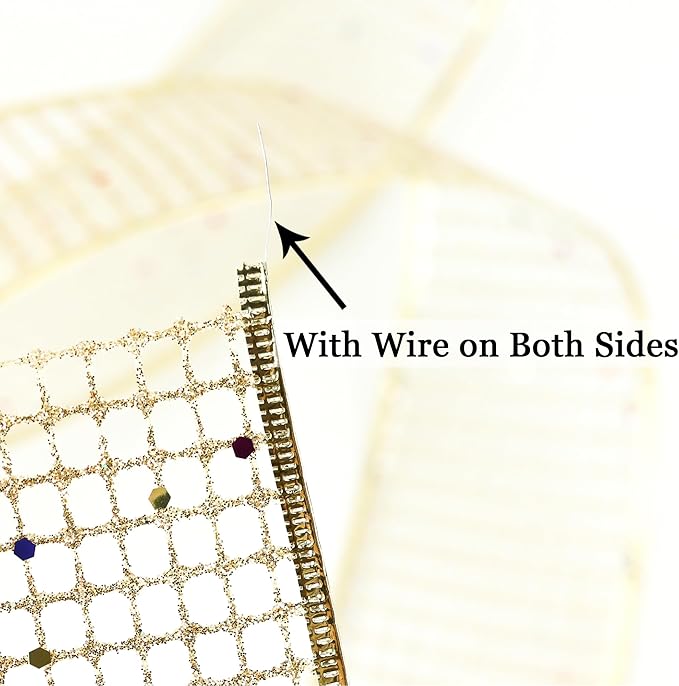 MEEDEE Champagne Gold Glitter Ribbon - 2.5 Inch Square Mesh Net Wired Ribbon with Rainbow Sparkle for Christmas Tree Decoration, Wreath Bow Making (25 Yards)