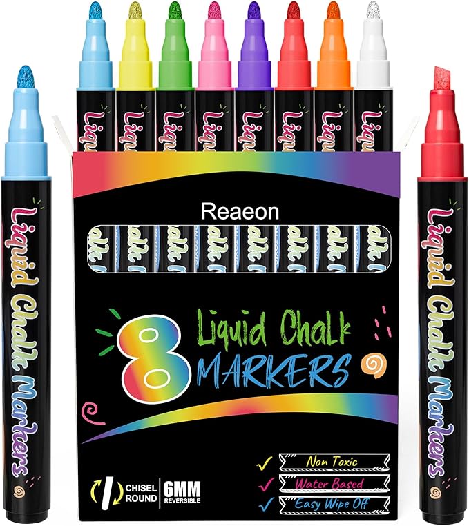 Chalk Markers, Vibrant Color Liquid Chalk Pens, for Chalkboard, Blackboard, Window, Glass, Mirror, Water-Based, Non-Toxic, 6mm Reversible Tip, 8 Pack