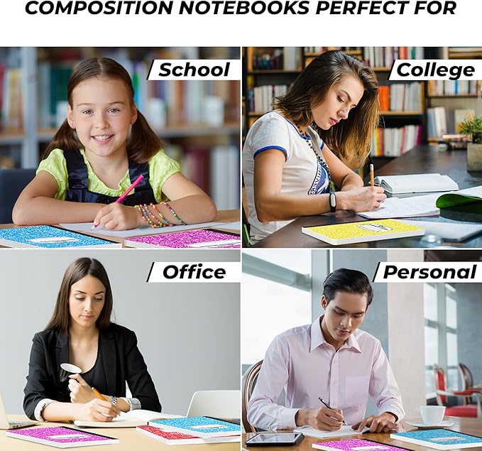 Rosmonde 12 Pack Bulk Composition Notebook Wide Ruled, 200 Pages (100 Sheets), 9-3/4 x 7-1/2", Hard Cover Wide Ruled Notebook Bulk, Assorted Colors Composition Notebook For School, Colors May Repeat