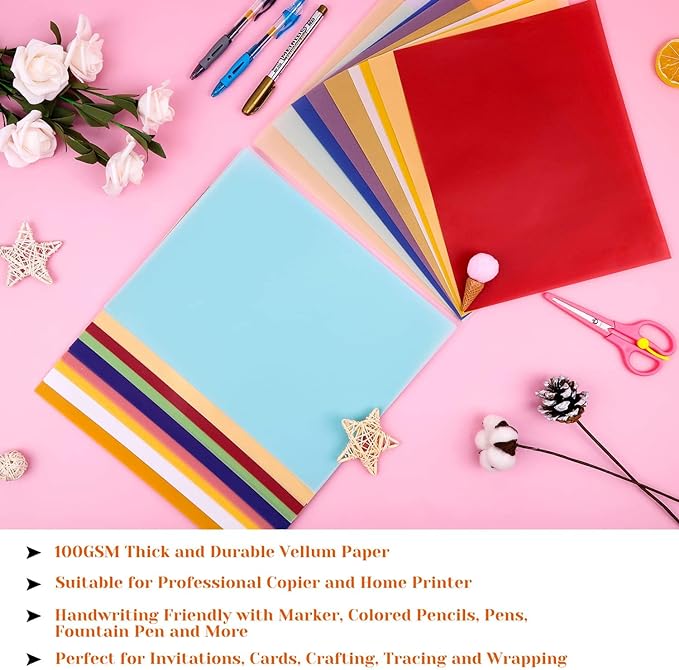 Colored Vellum Paper 8.5 x 11, Cridoz 9 Colors Transparent Clear Vellum Paper Translucent Tracing Paper Printable Vellum Drafting Sheets for Printing Drawing Ink Jet Laser Printer