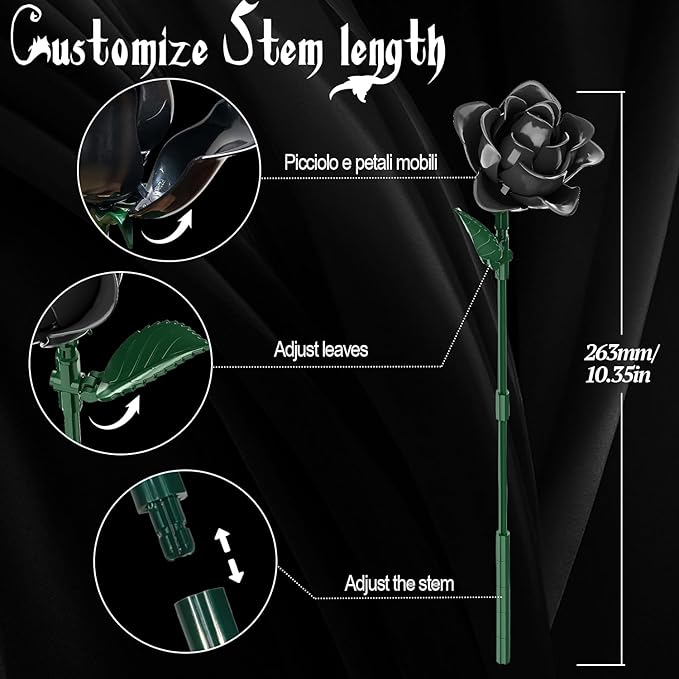 Black Roses Flower Building Set-12Pack, Compatible with Lego Bouquet for Adults,Gothic Horror Flowers Botanical, Gift for Halloween & Valentines Compatible with Lego Roses(585pcs)