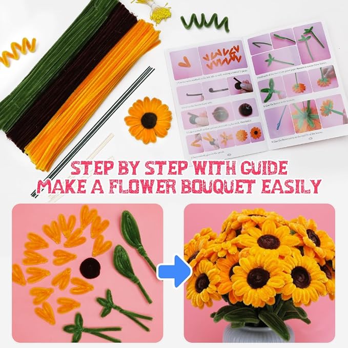 IOOLEEM Pipe Cleaners, 480pcs Yellow Sunflowers, Flower Making Kit, Arts and Craft Supplies, Ideas for Art Project Activity.