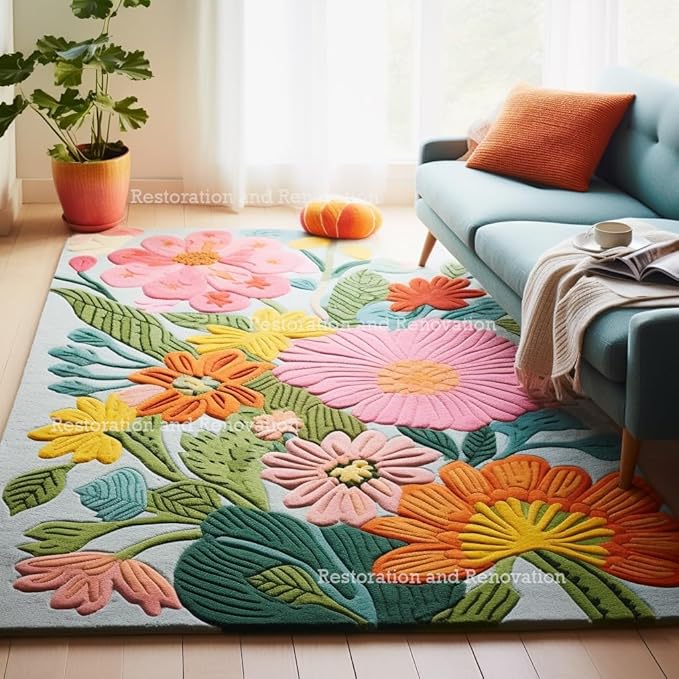 Handmade Wool Floral Area Rug for Living Room | Elegant Flower Garden Design, Soft, Thick and Durable | Bedroom, Dining Room & Home Decor Carpet (9' x 12', Floral F)