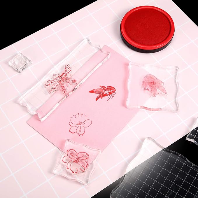 Mudder 7 Pieces Acrylic Stamp Blocks Set Clear Stamping Blocks Tools for Kids with Grid and Grip Scrapbooking Craft Making, Decorative DIY Essential Stamping Tool(Lace Edge)
