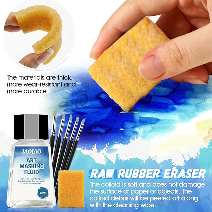JAOJAO Watercolor Masking Fluid, Liquid Masking for Painting Watercolor Accessories with Silicone Pen Cleaning Brush Retouching and Covering for Painting and Various Art Projects Supplies,White 30ml