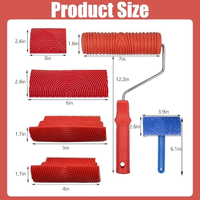Wood Grain Tool, 6pcs 7" Fake Wood Grain Roller Painting Tool with Handle DIY Rubber Wood Grain Painting Tool Look Like Wood for Wall Room Art Paint Decoration