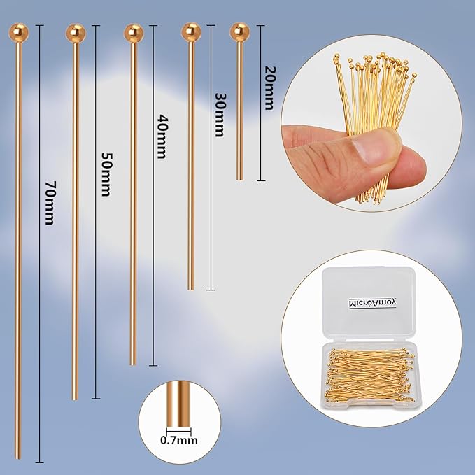 150pcs 18K Gold Filled Ball Pins Non Tarnish Craft Earring Bracelet Jewelry Making Accessories Supplies (40mm (1.57in), Gold-Ball Pin)