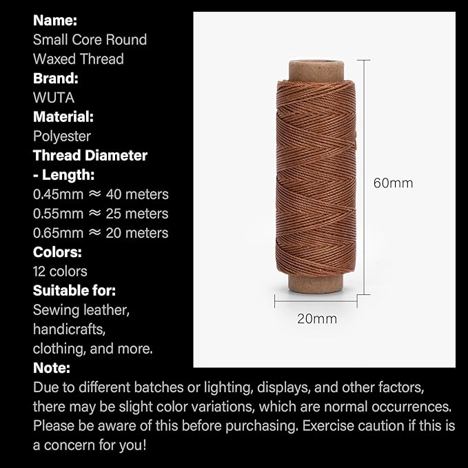 WUTA Leather Waxed Thread Round Polyester Sewing Threads with 12 Pcs Needles and Storage Bag Leather Craft Hand Stitching Line DIY Bracelet Thread Repair Work Cord (0.45mm