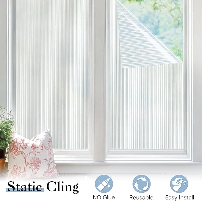 Haton Reeded Glass Window Privacy Film, Frosted Glass Window Film, Static Cling UV Blocking Stickers, Decorative Removable Cover for Bathroom Door Office, Non Adhesive 17.5" x 78.7"