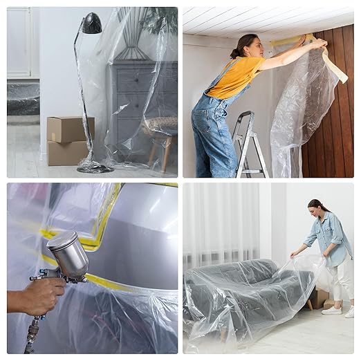 HARFINGTON Pre-Taped Masking Film 126" x32.8ft Double Adhesive Tape and Drape Painters Plastic Drop Cloth Film with Tape Plastic Sheeting for Automotive Painting Covering