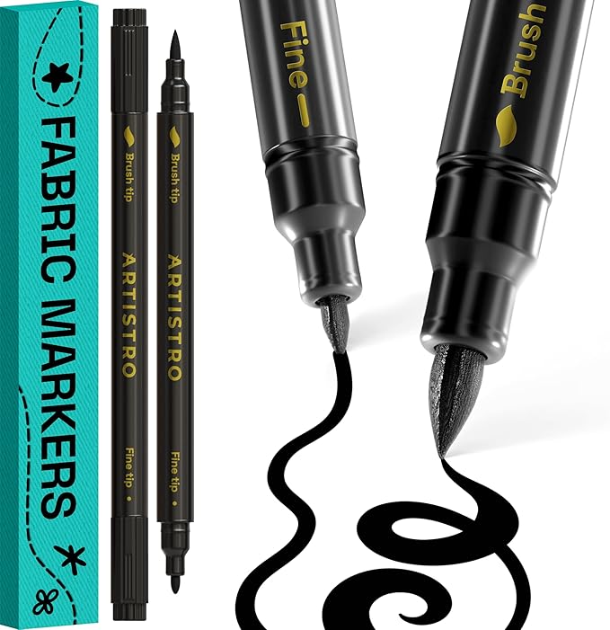 ARTISTRO 2 Black Dual-Tip Fabric Markers - Fabric Decorating Kit - Permanent for Clothes - Acrylic Paint Pens for Sneakers, Bags, Shoes, Textile, Canvas, Sewing, Craft, Laundry - Brush and Fine Tip