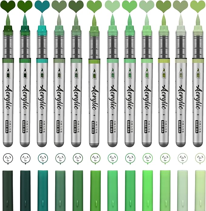 Green Acrylic Paint Pens,12 Color Paint Pens Markers,Brush Tip Paint Pens for Rock Painting Wood Glass Ceramic Canvas Stone DIY Crafts Making Art Supplies