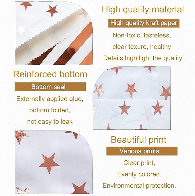 KEYYOOMY 100 Pcs Rose Gold Candy Buffet Bags Small Cookie Bag Polka Dot Paper Treat Bag for Wedding Birthday Party (5 inch x 7 inch)