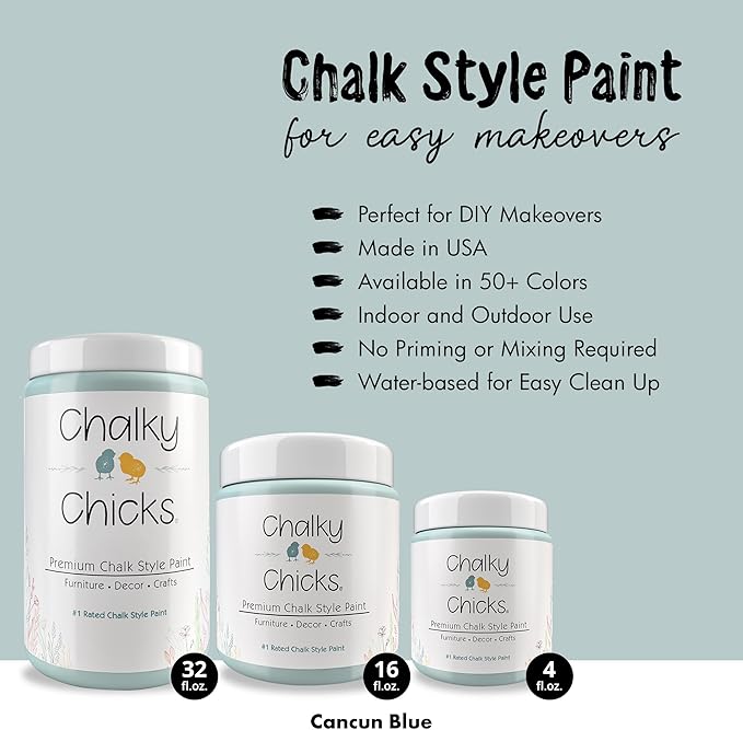 Chalky Chicks All-in-One Chalk Paint for Furniture or Cabinet - 32Fl Oz -Matte Finish Cancun Blue (Light Blue) for Metal, Wood Furniture Paint - No Sanding All-in-One for Home Decor & Crafts, USA Made