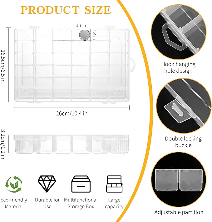 Plastic Organizer Container Box,36 Large Grids Clear Plastic Bead Organizer with Adjustable Dividers Craft Organizers Box for Bead,Jewelry,DIY Crafts,Art,Small Items Storage (Clear-1pack-36 Grids)