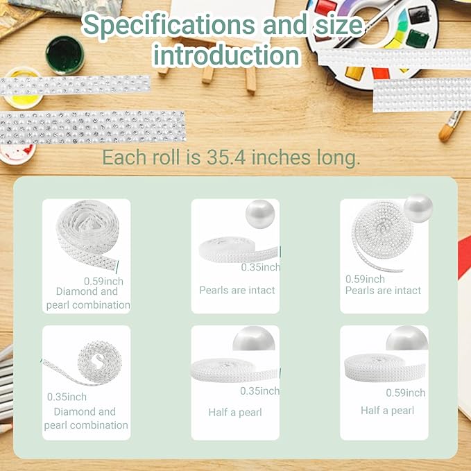 Pearl Ribbon Rhinestone Strips Pearls Stickers 6-Roll Pack Suitable for DIY Crafts