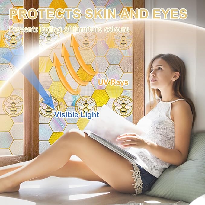 3D Stained Glass Window Privacy Film, Heat Control UV Blocking Static Cling Decorative Window Film for Bathroom,Front Door,Home Non Adhesive,23.6 x 35.4 inches Honey