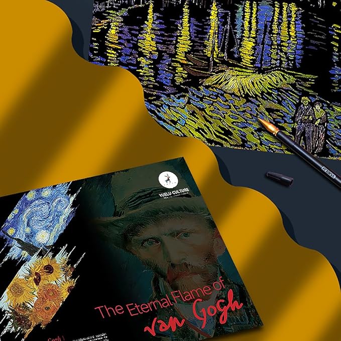 Scratch Art Painting 4 Pcs Vincent Van Gogh Scratch Rainbow Paper Set for Adults and Kids, DIY Sketch Card Engraving Craft Night View Scratchboard with 4 Tools - Cafe Terrace, Sunflowers, Starry Night