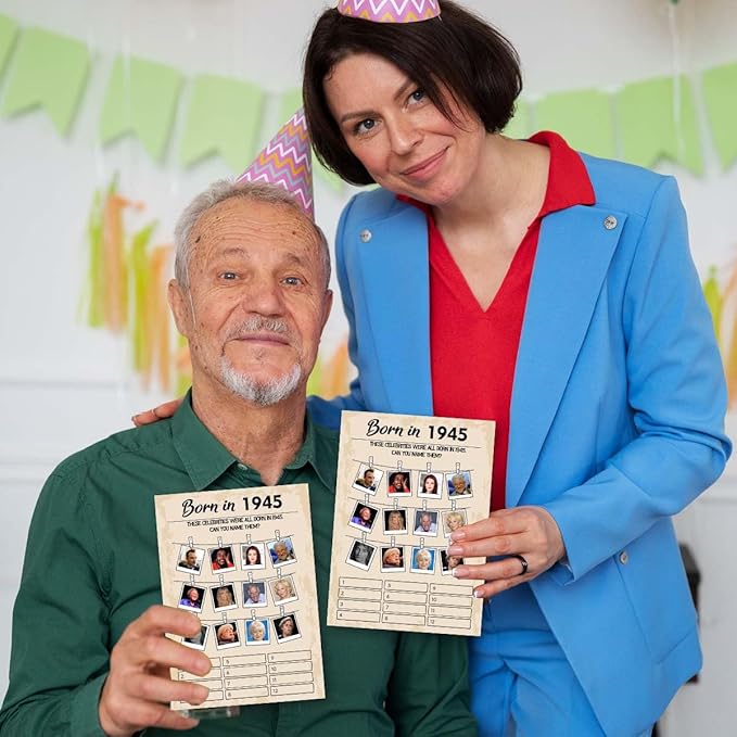 QUPT 80th Birthday Party Games, Born in 1945 Games, Birthday Party Supplies for Adults, Fun 1945s Party Game, Happy 80th Birthday Game, Pack of 30 Cards，