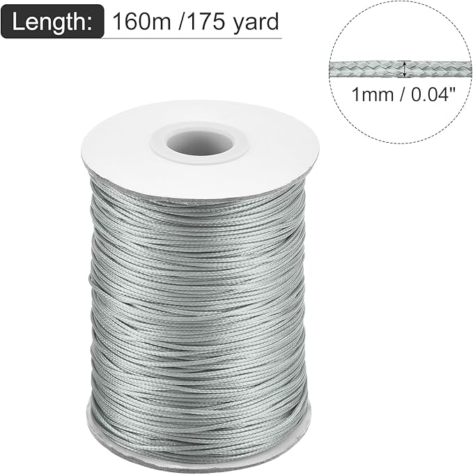 MECCANIXITY Waxed Cord 1mm Waxed Polyester Cord 175 Yard Wax String for Bracelet Making,Necklaces, Beading,Jewelry Making and DIY Crafts(Light Grey)