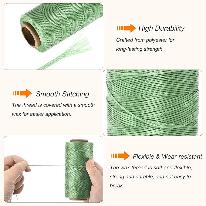 MECCANIXITY Waxed Thread,284 Yard 0.8mm 150D Flat Wax Thread Polyester Waxed String for Leather Sewing Hand Weaving Book Binding Home Decoration,Grass Green